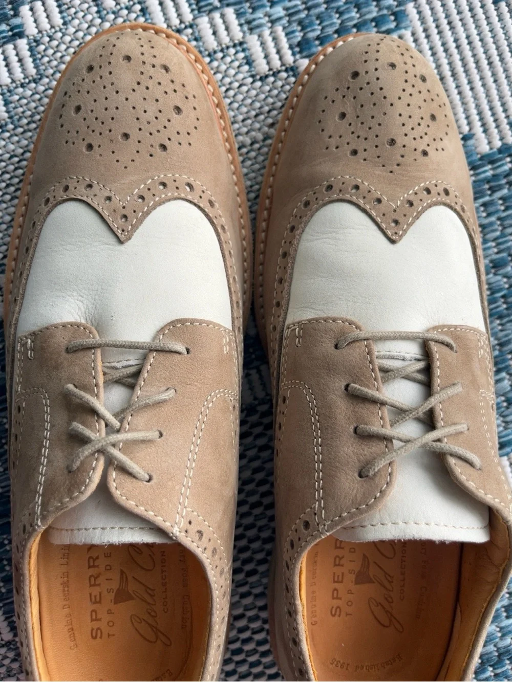 Sperry Gold Cup Spectator Saddle Oxford Wingtip Men’s 9M Suede Leather Tan Cream